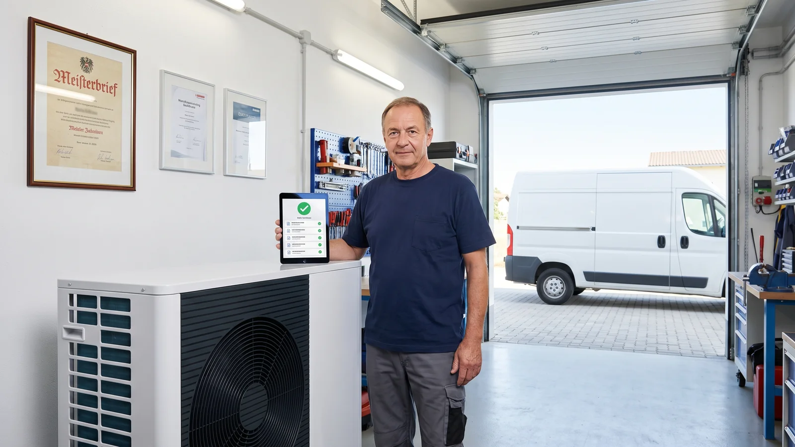 Ein Installateurmeister steht in seiner hellen Werkstatt neben einer Wärmepumpe und hält ein Tablet mit geprüften Zertifikaten; an der Wand hängen Meisterbrief und Herstellerzertifikate