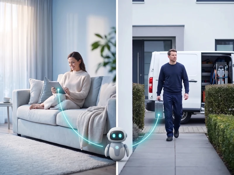 Split image: on the left a customer relaxing on the sofa with a tablet, on the right a technician carrying a toolbox from the service van to the front door, connected by a cyan line