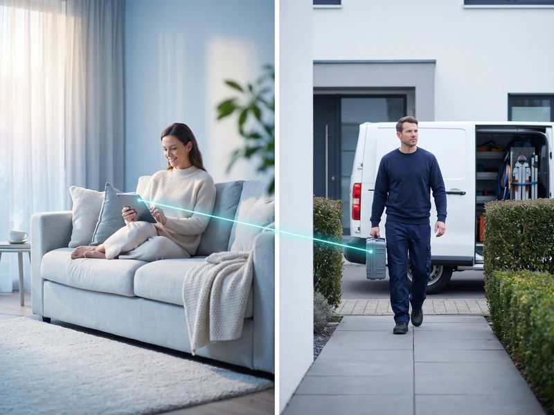 Zweigeteiltes Bild: links eine Kundin entspannt auf dem Sofa mit einem Tablet, rechts ein Installateur, der mit dem Werkzeugkoffer vom Servicewagen zur Haustür geht, verbunden durch eine cyanfarbene Linie