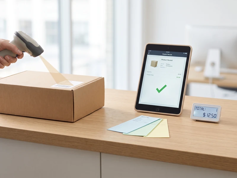 A hand scans a package barcode while a tablet displays a product record with a green checkmark.