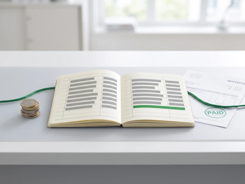 An open ledger with rows of figures sits beside coins and an invoice stamped "PAID".