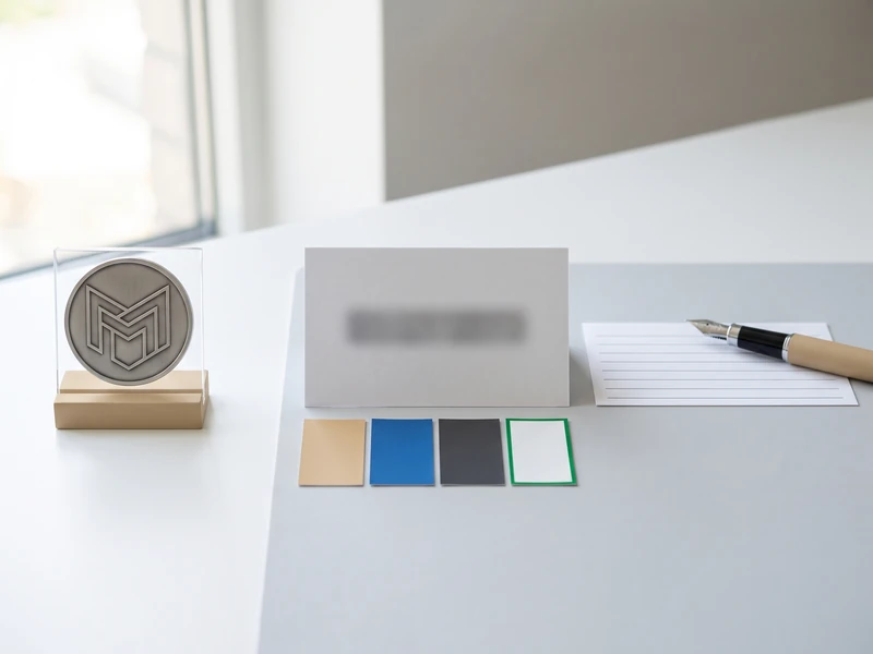 A desk displays a medallion logo, a business card, color swatches, and a notepad with a pen.