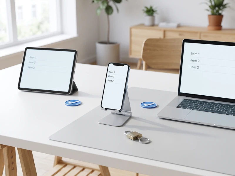 A tablet, phone, and laptop on a desk show the same list, with checkmark badges and a small padlock nearby.