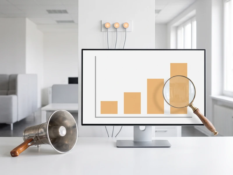 A monitor shows a bar chart under a magnifying glass, with a megaphone resting on the desk beside it.