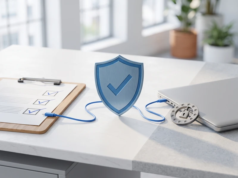 A checklist clipboard, a shield with a checkmark, and a laptop with an EU padlock icon sit connected by cables.