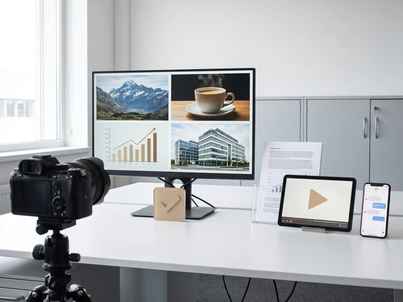 A camera films a monitor showing four content tiles, next to a tablet playing video and a phone with messages.