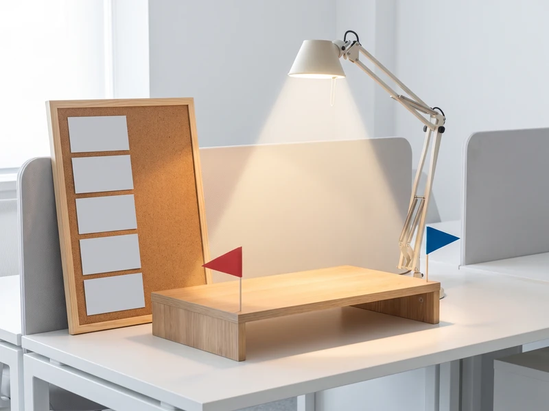 A desk lamp lights a small stage model with flags, beside a corkboard holding blank name tags.