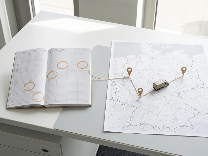 An open planner with circled dates connects to a map showing location pins and a small delivery truck.