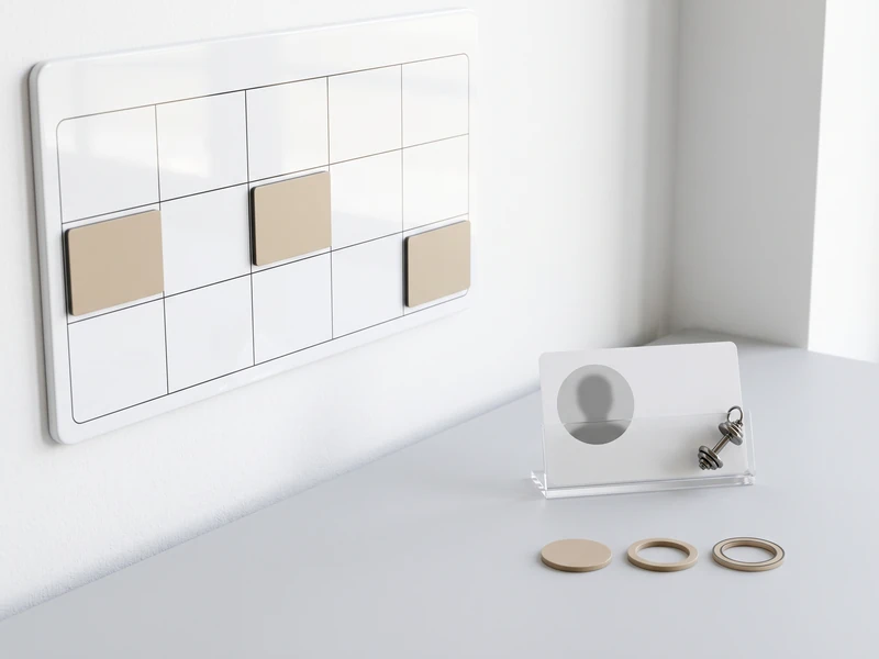 A wall-mounted schedule grid with membership tags sits beside an ID badge stand and membership tokens.