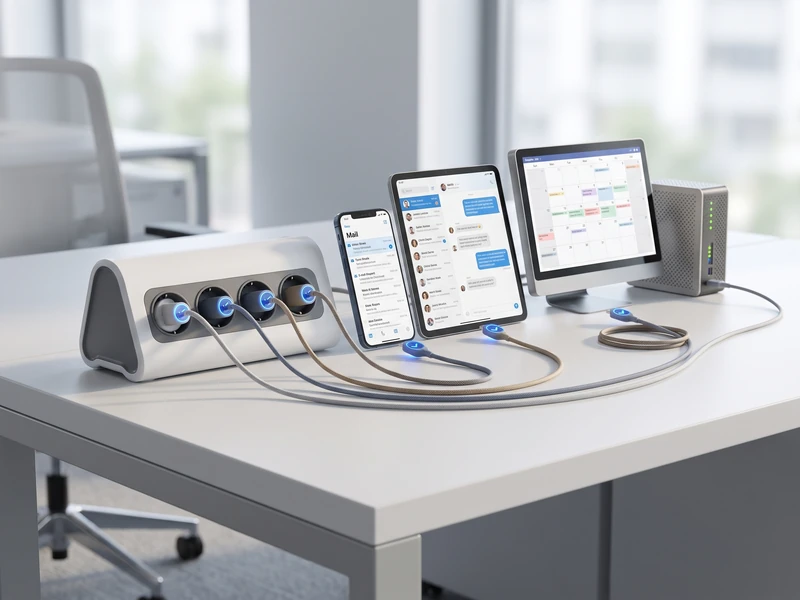 A power strip connects via cables to a phone, tablet, monitor, and server, each showing a different app.