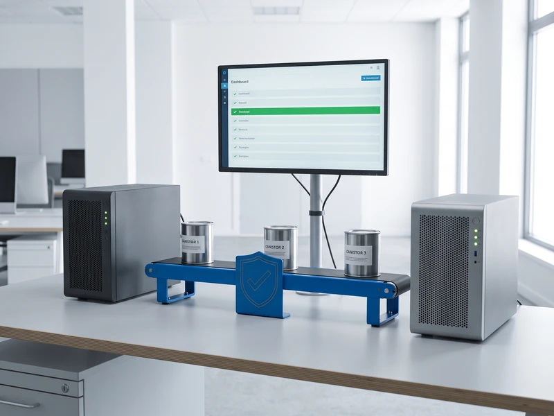 A monitor shows a migration progress bar between two server towers, with paint cans on a conveyor belt below.