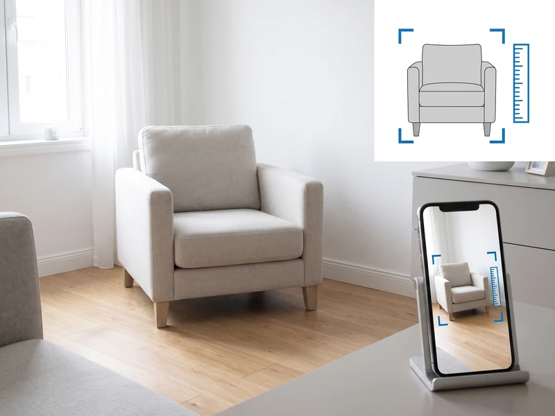 An armchair in a living room appears beside a phone showing the same chair through an AR measurement overlay.