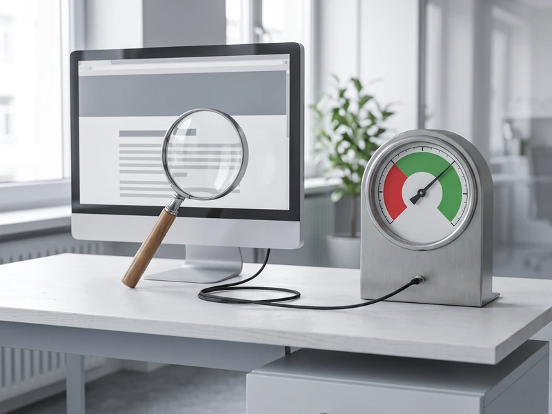 A monitor with text under a magnifying glass sits beside a gauge dial pointing into the green zone.