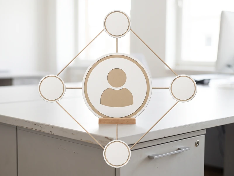 A wooden diagram shows a central person icon connected to four surrounding nodes on an office desk.