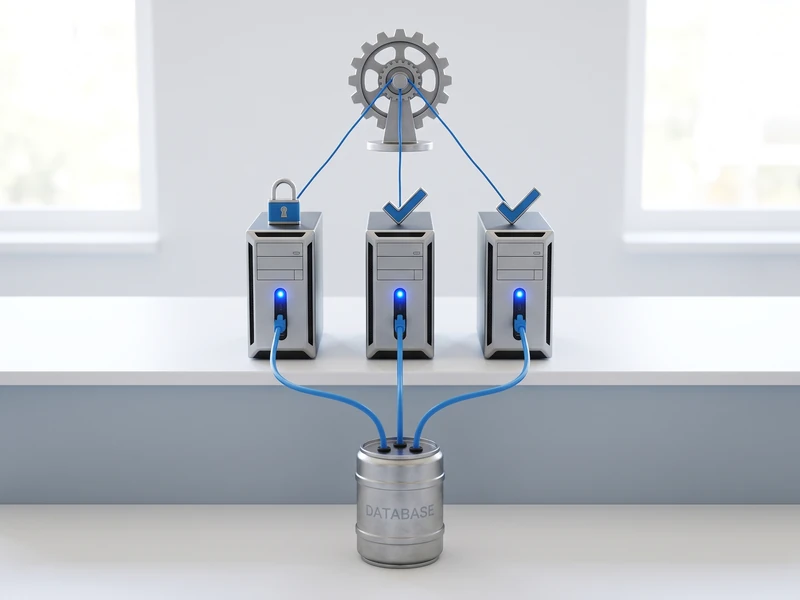 Three server towers, each topped with a lock or checkmark icon, connect to a keg labeled "DATABASE".