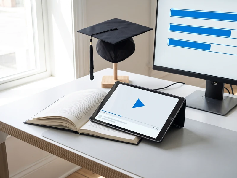 A graduation cap and open book sit near a tablet playing video and a monitor showing progress bars.